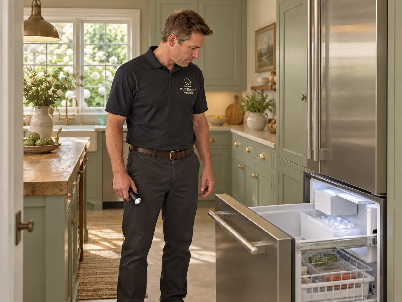 Illustration of a technician wearing the Wolf Repair Redding logo beside a Monogram ice maker
