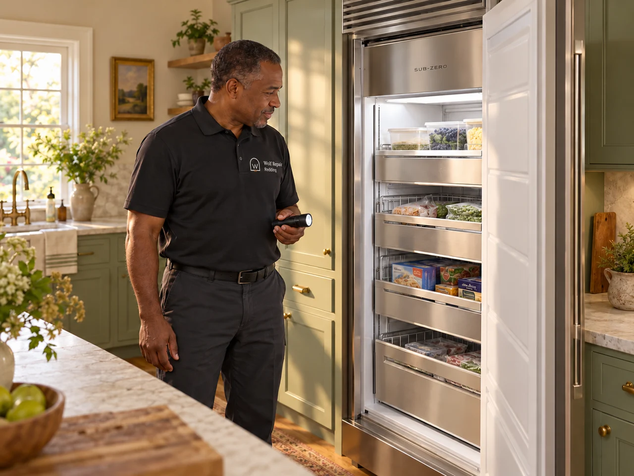 Illustration of a technician wearing the Wolf Repair Redding logo beside a Sub-Zero freezer