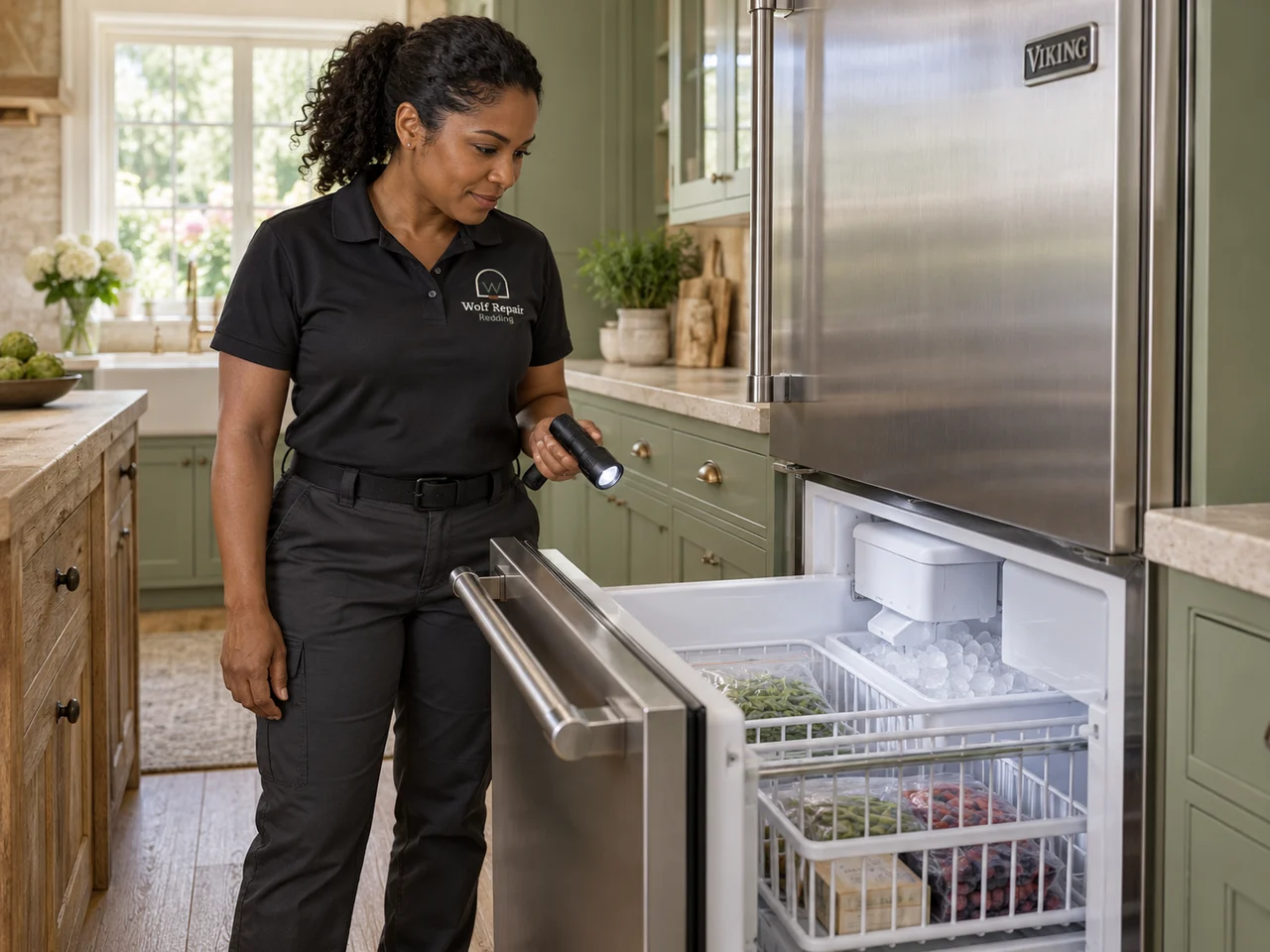 AI illustration of an appliance technician wearing Wolf Repair Redding branding