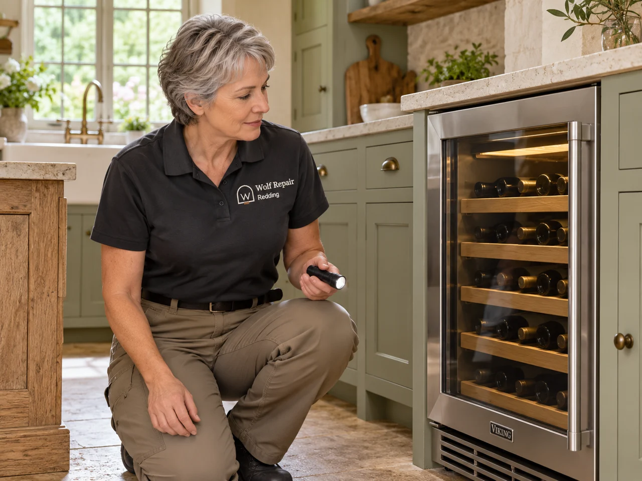 Illustration of a technician wearing the Wolf Repair Redding logo beside a Viking wine cooler