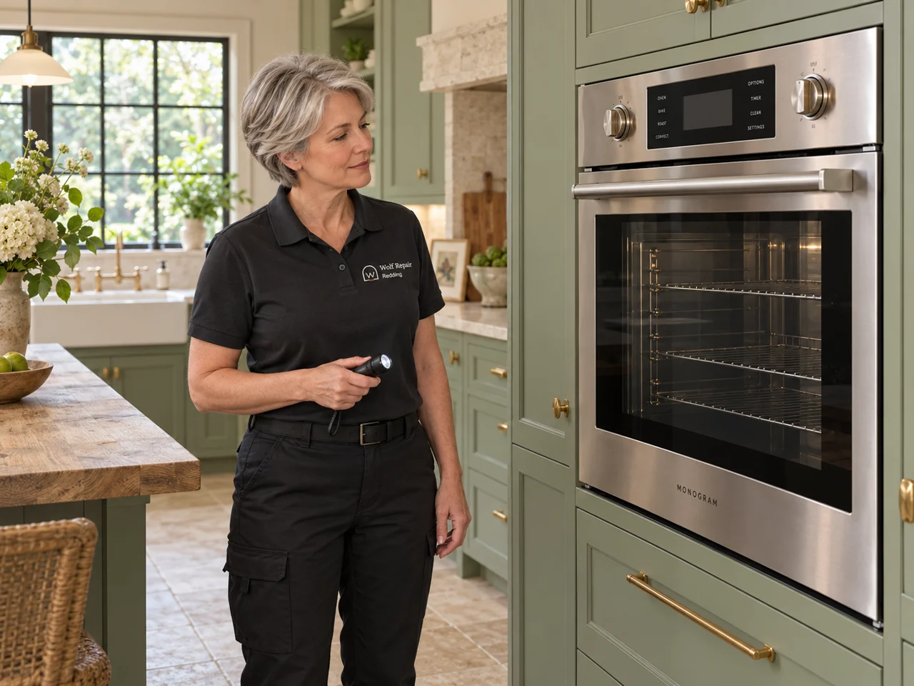 Illustration of a technician wearing the Wolf Repair Redding logo beside a Monogram oven